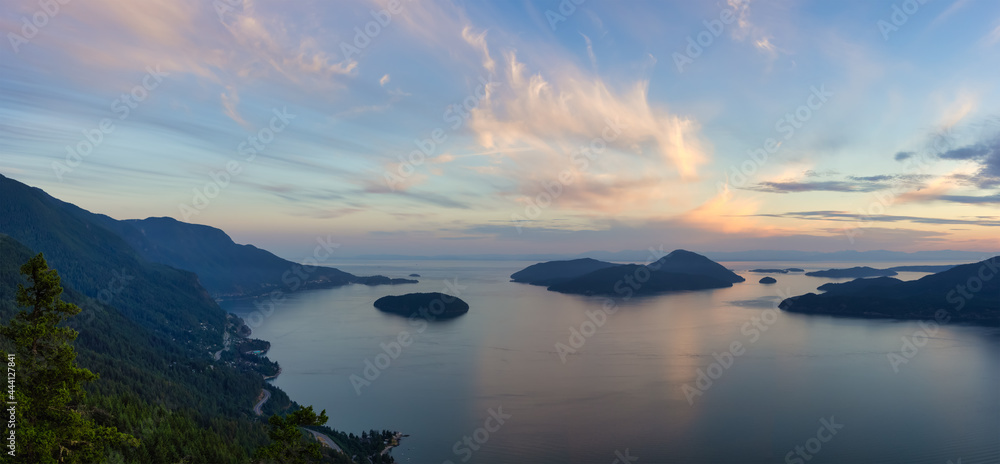 Tunnel Bluffs Hike, in Howe Sound, North of Vancouver, British Columbia, Canada. Panoramic Canadian Mountain Landscape View from the Peak during sunny summer sunset. - obrazy, fototapety, plakaty 