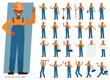 © yindee - Set of Builder man wear blue jeans working character vector design. Presentation in various action with emotions, running, standing and walking.