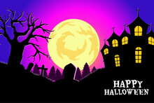 Happy Halloween. Haunted House, Tree, Cemetery, Scarecrow, Bat, Spider Web, Pumpkin Vector Illustration 