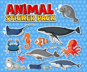 Wall Mural - Cute sea animals sticker pack isolated