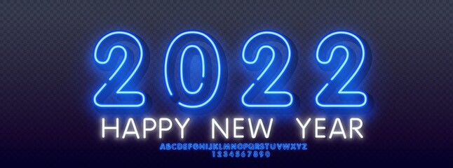 Wall Mural - Neon greeting lettering happy new year 2022 on dark festive background with neon alphabet. Eps 10 vector illustration