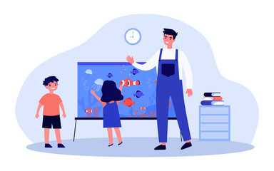 Young man and children standing near aquarium. Flat vector illustration. Teacher greeting little boy and girl looking at fish. Childhood, school, family, nature, animal concept for banner design