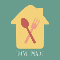 Wall Mural - Homemade food icon or label. The logotype of the house with a fork, knife and spoon inside on the dark blue background. Home cooking  catering, restaurant, cafe symbol concept, vector illustration