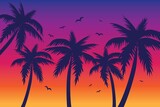Fototapeta Zachód słońca - Evening on the beach with palm trees. An evening on the beach with palm trees. Colorful picture for rest. Blue palm trees at sunset. Orange sunset in the blue sky. Vector illustration