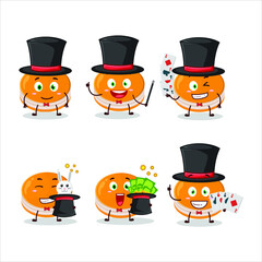 Canvas Print - A orange dorayaki Magician cartoon character perform on a stage. Vector illustration