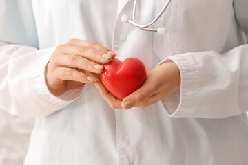 Wall Mural - Female cardiologist with red heart, closeup