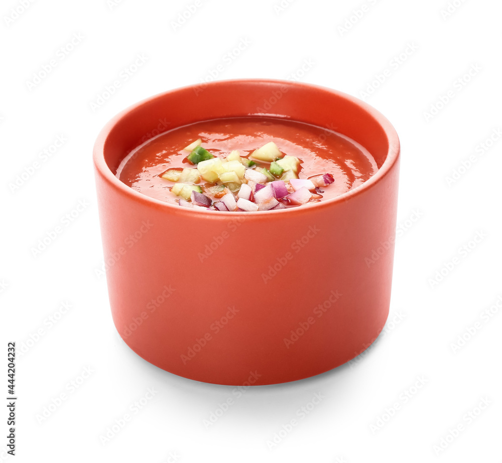 Bowl with tasty gazpacho on white background