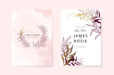 Wall Mural - Pink Luxury Wedding Invitation, floral invite thank you, rsvp modern card Design in gold flower with leaf greenery branches decorative Vector elegant rustic template
