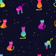 Fun hand drawn cats, cute halloween seamless pattern, great as background, textiles, banners, wallpapers, wrapping - vector design