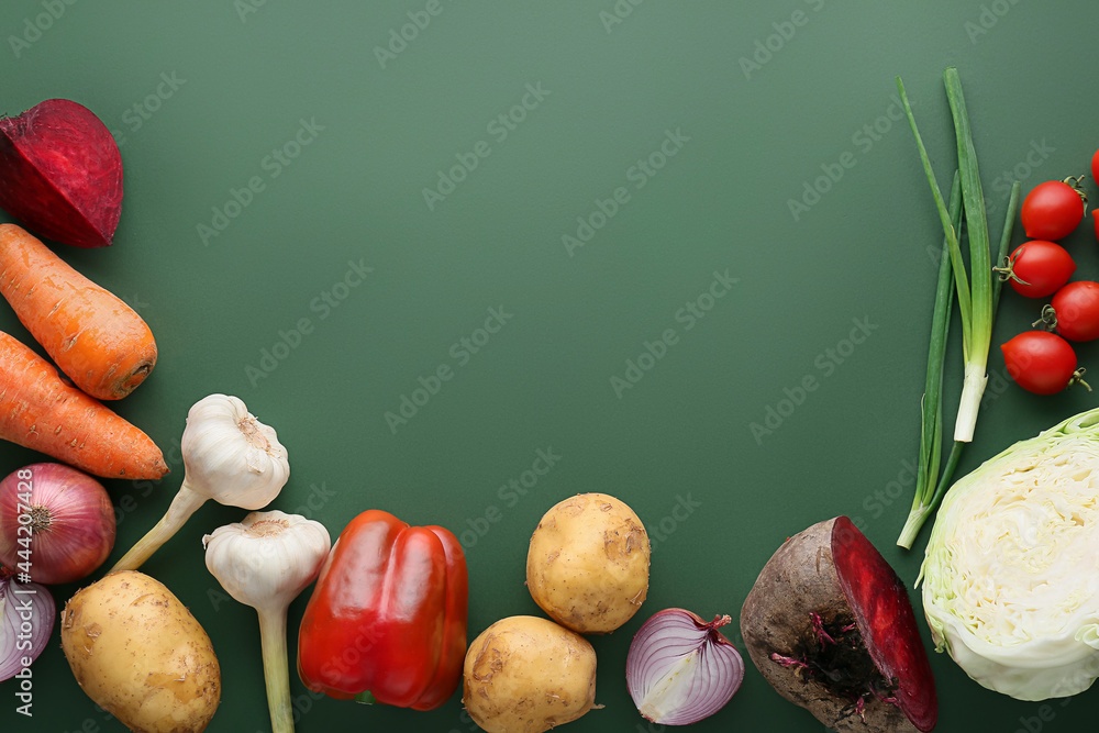 Ingredients for preparing borscht on color background