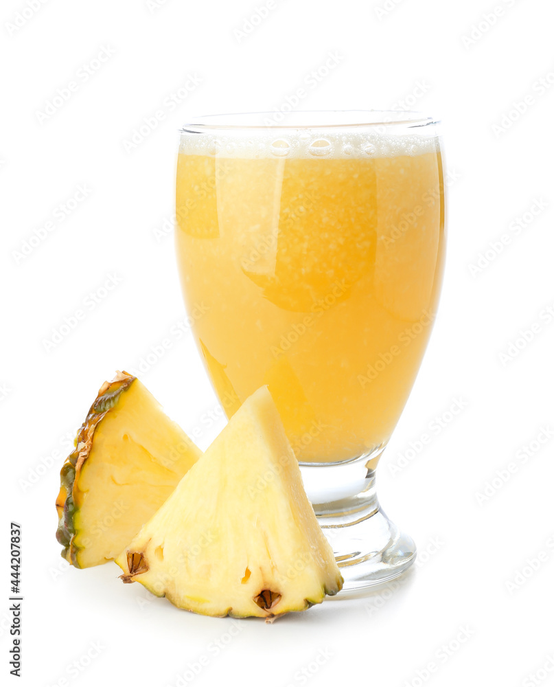 Glass of tasty pineapple smoothie on white background