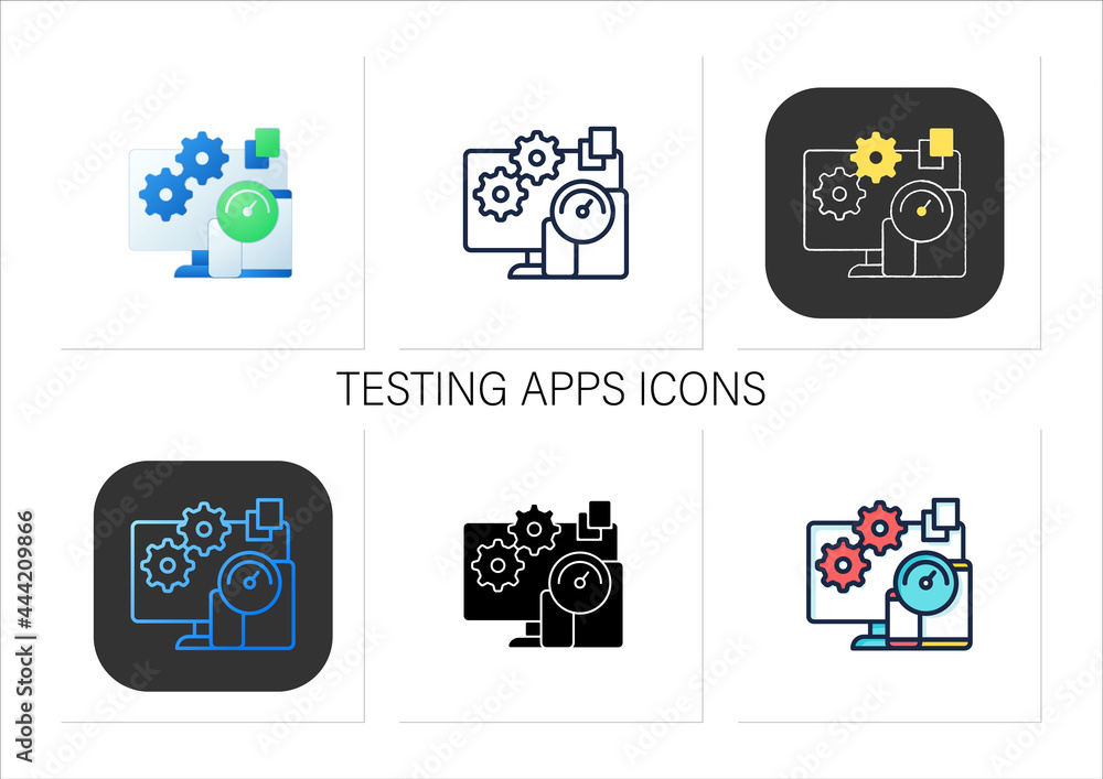 Testing apps icons set.Testing new applications inside different platforms.Trial new operation system on computer.Collection of icons in linear, filled, color styles.Isolated vector illustrations
