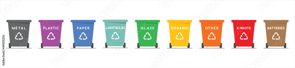 Trash can icon collection. Plastic containers for garbage of different types. Bin icon set. Waste management concept. Vector Illustration. - obrazy, fototapety, plakaty 