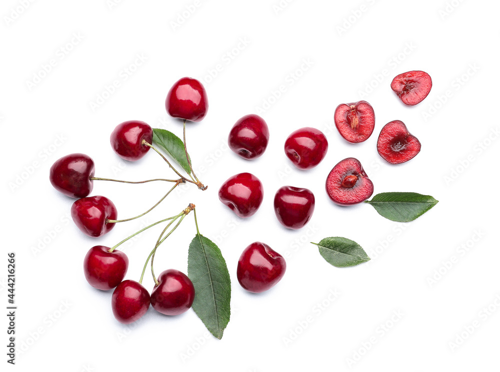 Tasty ripe cherries on white background