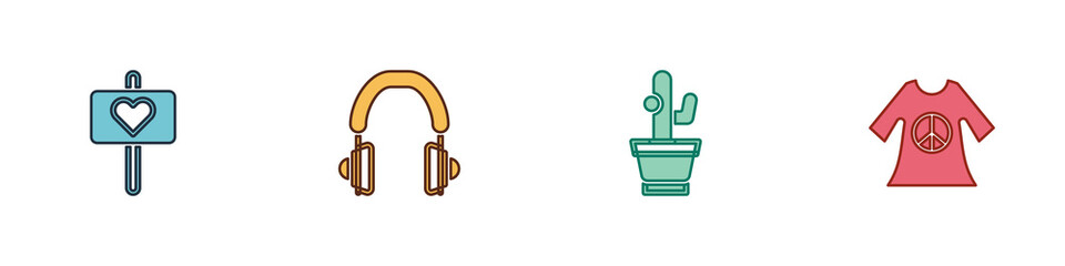 Sticker - Set Peace, Headphones, Cactus and dress print stamp icon. Vector