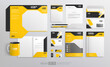 Corporate Brand Identity Mockup set with black and yellow design. Business stationary elements mockup template. Abstract geometric graphics on folder, guide, annual report cover, brochure