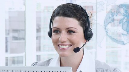 Sticker - Animation of globe of connections over businesswoman using phone headset