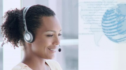 Sticker - Animation of globe of connections over businesswoman using phone headset