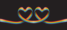 Rainbow Pride Ribbon Roll Make Twin Heart Shape On Dark Background Vector Design