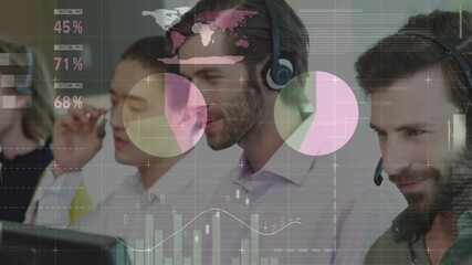 Wall Mural - Animation of statistics and data processing over business people wearing phone headset