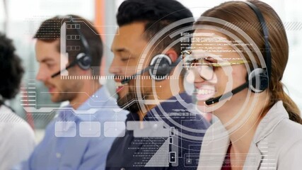 Poster - Animation of digital interface and data processing over business people wearing phone headsets