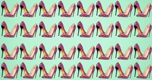 Composition Of Pink Leopard Pattern Stiletto Shoes Repeated In Rows, On Pale Green Background