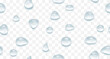 Water drops seamless pattern background. Droplets on transparent glass banner. Realistic rain day drop water overlay concept. Vector illustration.