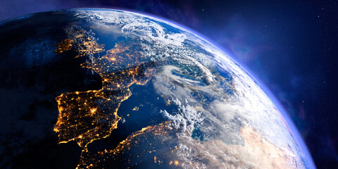 Wall Mural - planet earth with exaggerated precise relief and volumetric atmosphere. day-night transition. europe