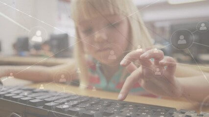 Sticker - Animation of network of connections over schoolgirl using computer