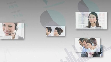 Sticker - Animation of statistics and data processing over business people wearing phone headsets