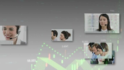 Poster - Animation of statistics and data processing over business people wearing phone headsets