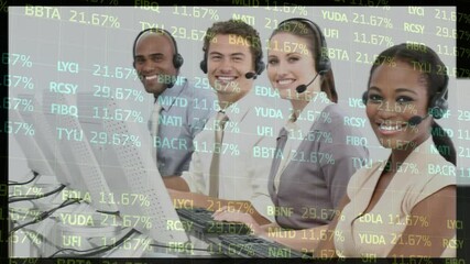 Sticker - Animation of statistics and data processing over business people wearing phone headsets