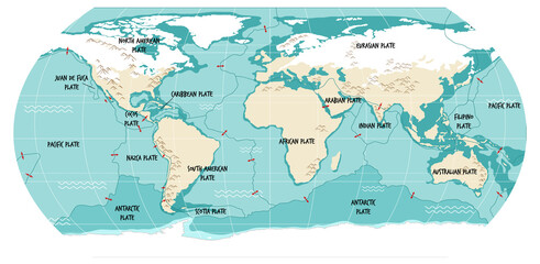 Sticker - World Map Showing Tectonic Plates Boundaries