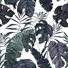 Tropical Seamless Pattern Of Watercolor Palm, Monstera And Banana Leaves