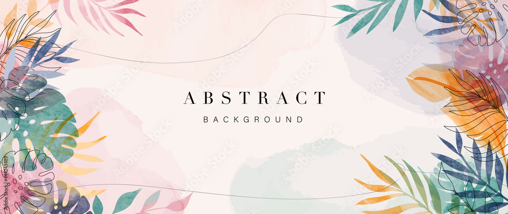 Abstract art gold tropical leaves background vector. Luxury wallpaper with watercolor, tropical leaf framed, palm leaf, flower,Vivid foliage, exotic green and gold brush glitter. - obrazy, fototapety, plakaty 