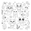 colouring page mermaid set cute animals with big eyes