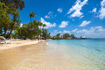 Wall Mural - View of the Caribbean island of Martinique in French Polynesia. The Martinique coast with turquoise water, palm trees and a gorgeous beach, a yacht is moored by the beach.