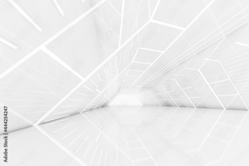 Abstract 3d rendering of empty futuristic tunnel room with light on the wall. Sci-fi concept. - obrazy, fototapety, plakaty 