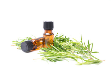 Bottle glass of essential rosemary oil with rosemary branch isolated on white background. Herbal oil concept