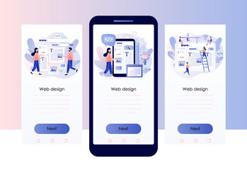 Web design concept. Tiny people building webpage. Website interface design. Software development process. SEO.Screen template for mobile, smartphone app. Modern flat cartoon style. Vector illustration