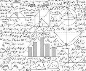 Wall Mural - math vector seamless pattern with algebra formulas, calculations and geometrical figures handwritten