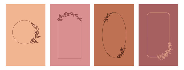 Elegant frames with flowers and leaves, design templates with copy space for text. Vector backgrounds for wedding invitations, greeting cards, wallpapers from social media stories