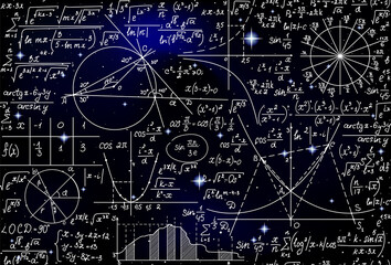 Scientific space vector seamless background with handwritten math formulas, calculations and infinity sign	
