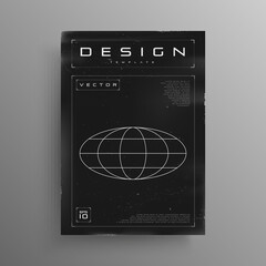 Poster - Retrofuturistic poster with ellipse wireframe planet and HUD elements. Black and white retro cyber poster. Flyer template in retro cyberpunk style for electronic music events. Vector