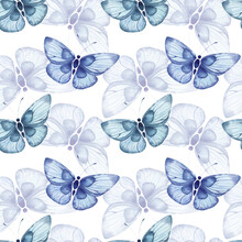 Seamless Watercolor Pattern With Blue Abstract Large Butterflies On A White Background. Summer Pattern For Fabrics. Dresses, Bed Linen, Packaging