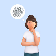 Young Woman Jane With Tangled Thoughts.  Business Problem Solving Concept, Online Communication Problem And Question Resolution. 3d Vector People Character Illustration.