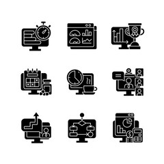 Sticker - Online work monitoring black glyph icons set on white space. Data evaluation for professional management. Work monitoring tools for efficiency. Silhouette symbols. Vector isolated illustration