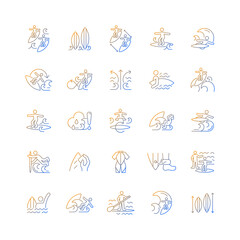 Sticker - Surfing gradient linear vector icons set. Recreational activity. Catching waves and learning tricks. Surf zone. Thin line contour symbols bundle. Isolated vector outline illustrations collection