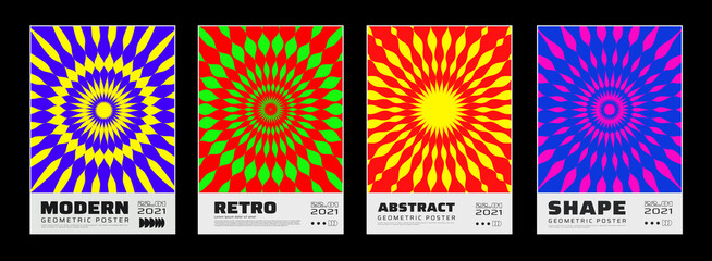 Aufkleber - Set of abstract psychedelic backgrounds. Modern geometric ornament poster. Sun rays and firework signs.