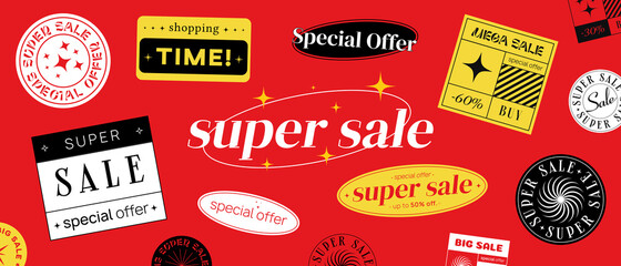 Sticker - Super Sale Modern Trendy Banner. Special Offer Promo Cool Poster.